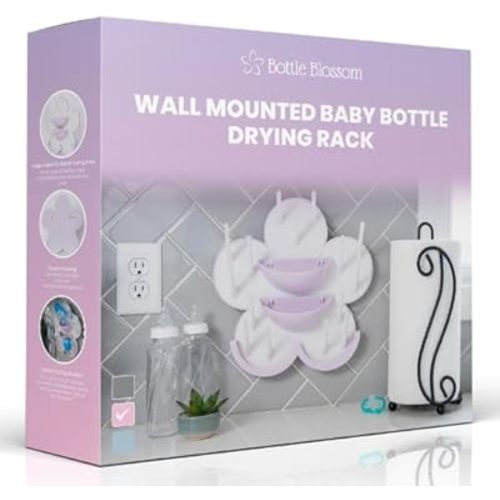 The Bottle Blossom- Wall Mounted Baby Bottle Drying Rack for Bottles, Cups, Sippy Cups, Vertical Wall Hanging, Space Saving, Large Capacity Baby Essential, 2 Adhesive Hooks Included (Light Purple)