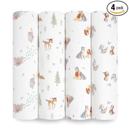 aden + anais Essentials Disney Baby Muslin Swaddle Blankets, Newborn Receiving Blanket for Swaddling, 100% Cotton Baby Swaddle Wrap, 4 Pack, Disney + Friends