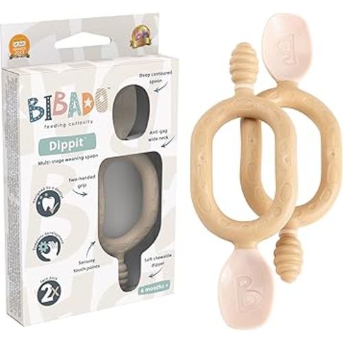 Bibado - Dippit Baby Spoon and Dipper, Fawn (2-Pack) - Soft, Chewable Dipper & Deep Spoon - Two-Hand, Sensory Grip - Toddler Utensils - Baby Led Weaning Supplies - Baby Essentials - 6 Months+