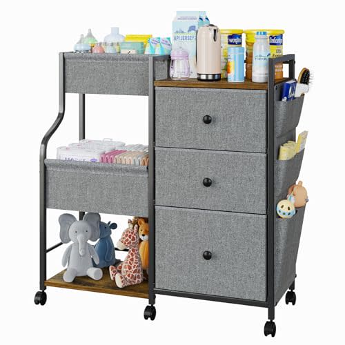 3 Tier Baby Diaper Caddy Organizer, Rolling Storage Cart with Wheels, Utility Cart Newborn Baby Essentials Storage with Large Capacity Dividers and Drawers for Nursery, Grey