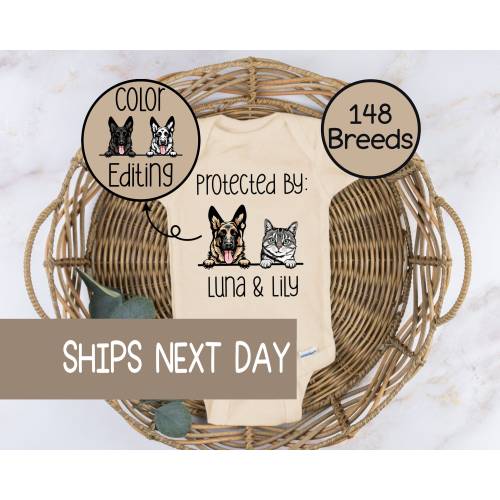 Baby Shower Gift, Protected by Pets Onesie®, Custom Dogs and Cats Onesie®, Personalized Baby Gift, Custom Dog and Cat Breeds, Baby Gift.