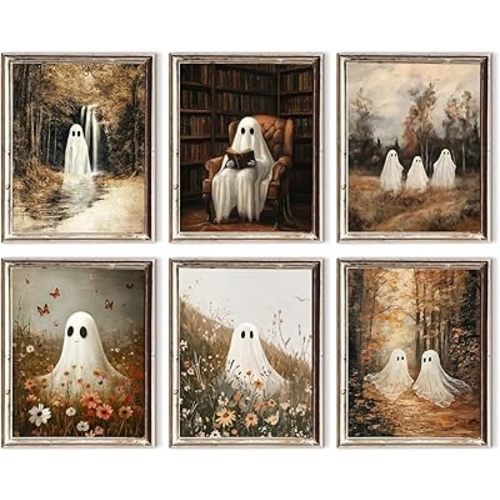 TWNSLLA Cute Ghost Decor-Vintage Halloween Wall Art,Cute Ghost Pictures Wall Decor,Adorable Ghosts in Maple Forest Fall Paintings,Farmhouse Halloween Art Printsfor Bathroom Bedroom Decoration,Unframed
