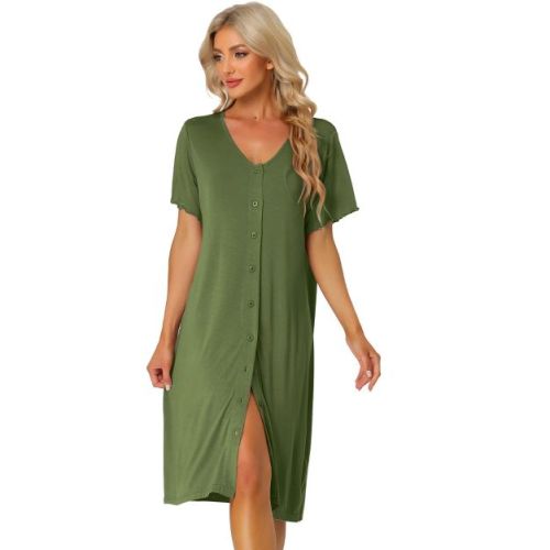 cheibear Women's Idea Gift for Mom Nightgown Button Down Short Sleeve Soft Modal Loose Pajama Sleepshirt Large Army Green