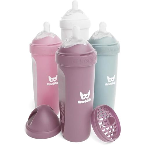 Herobility Anti-Colic Baby Bottles 12 fl oz/340ml - Pack of 4 Plastic Baby Bottles, Slow Flow Plastic Bottles, Breast-Shaped Teat for Breastfed Babies - Multicolor - White, Gray, Pink, Hawthorn Rose