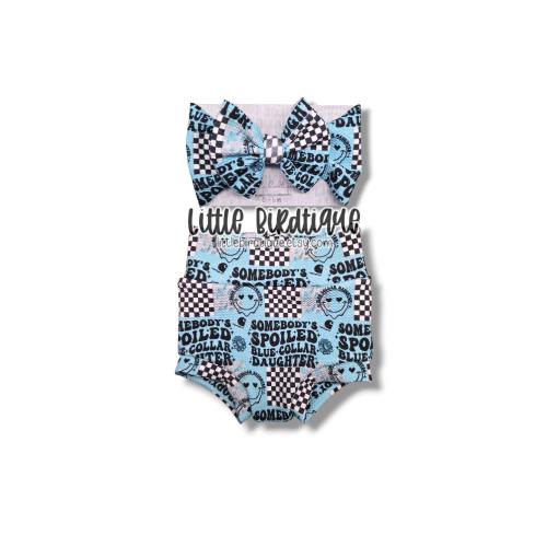 Spoiled Blue Collar Daughter Bow on Nylon, Clip, Piggies, Headwrap, Top Knot, Messy Wrap, Rose Knot, Bummies, or Bell Bottoms