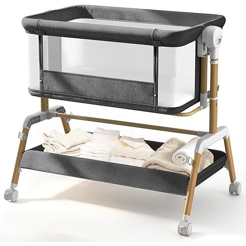 3 in 1 Baby Bassinet, Bedside Sleeper for Newborn, 7-Level Height Adjustable, Rocking Design with Breathable Mesh, Lockable Wheels & Large Storage Space, Portable Baby Crib（Dark Gray）