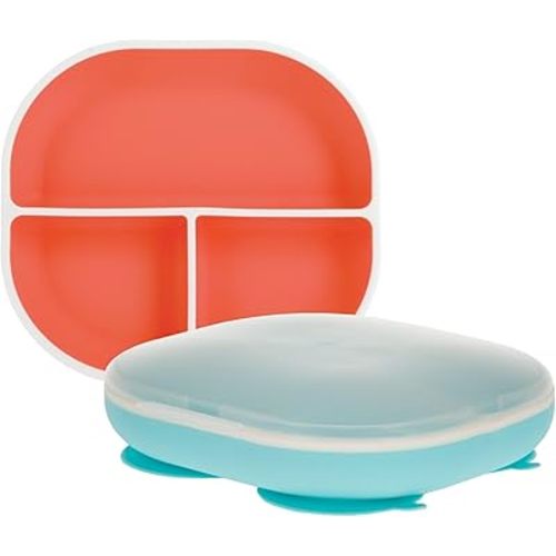 Nuby Silicone Rectangle Suction Plate with Lid - Dishwasher-Safe Baby and Toddler Plate - 6+ Months - Aqua and Coral - Back to School Essentials