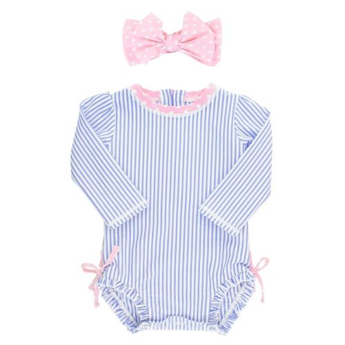 RuffleButts Periwinkle Blue Seersucker Long Sleeve Rash Guard One Piece & Bow Headband Set