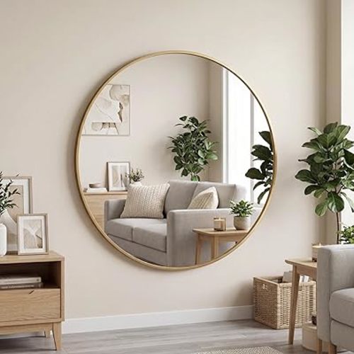 OLIXIS 36 Inch Gold Round Bathroom Wall Mirror, Round Bathroom Mirrors for Over Sink, Circle Mirror with Tempered Glass for Home Decor, Entryway, Bedroom, Vanity, Shatterproof& Crystal-Clear