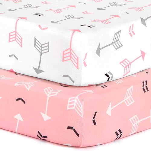 Stretchy Fitted Pack n Play Playard Sheet Set BROLEX 2 Pack Portable Mini Crib Sheets,Convertible Playard Mattress Cover,Ultra Soft Material,Pink White Arrow