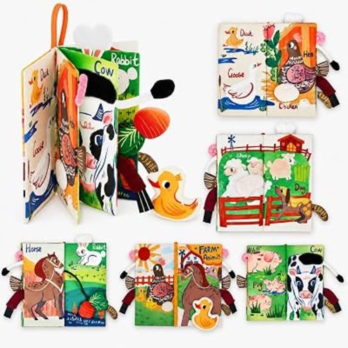 JoyCat Baby Books 0-6-12 Months - Farm Tail Tummy Time Toys - Sensory Touch & Feel Crinkle Cloth Book with Detachable Duck - Newborn Easter Basket Stuffers