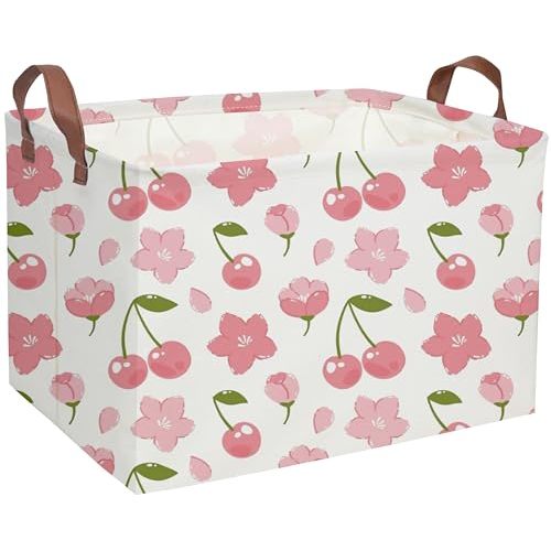 Rectangular Cherry Basket Girls Baskets Storage Bins Room Decor Cute Organizer Box(Cherry)