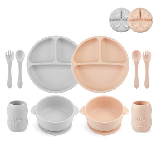 PandaEar Silicone Baby Feeding Set| 2 Divided Suction Plate + 2 Suction Bowl + 2 Tiny Cup with 2 Spoons| Baby Led Weaning Supplies Self Feeding Utensils (Pink Gray)