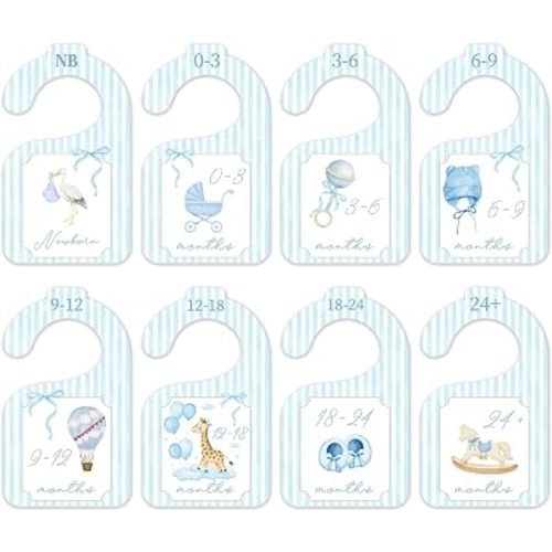 Blue Baby Closet Dividers, Stripe 8 Pack Double Sided Nursery Organizer From Newborn to 24 Months, Watercolor Balloon Clothes Size Hanger Separators for Boys Girls -08