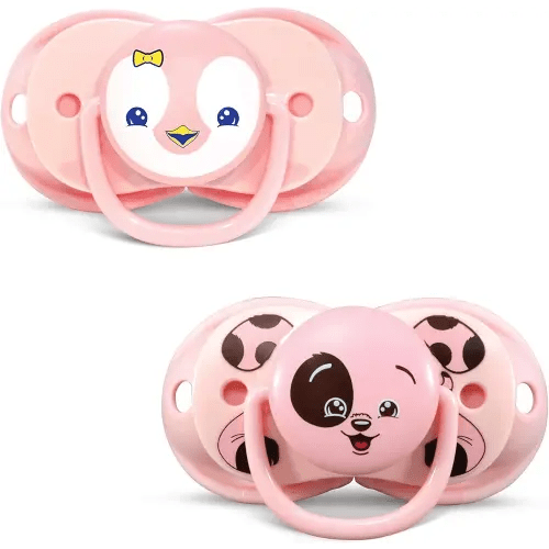 RaZbaby Keep-It-Kleen Baby Pacifier 2-Pack Closes When Dropped - BPA-Free Silicone Orthodontic Nipple, Ideal for Travel, Nipple Stays Clean, 0-36 Months - Pink Penguin/Puppy Design