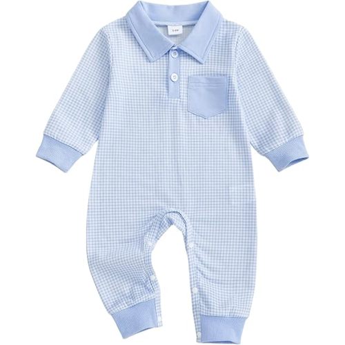 Newborn Baby Boy Winter Clothes Long Sleeve Lapel Jumpsuit Collar Plaid Romper Playsuit Infant Baby Boy Fall Outfit