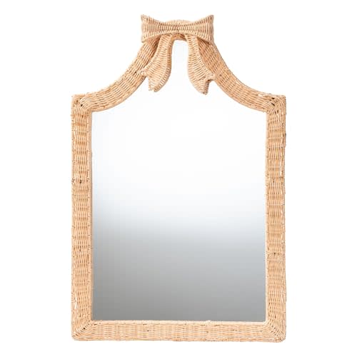 Bali & pari Creusa Natural Rattan Wall Mirror - Handwoven Arched Mirror with Scalloped Corners and Bow Accent, Artistic Decor with Boho Coastal Style