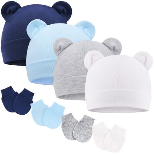 BQUBO Newborn Baby Hats Mittens Set Infant Cotton Bear Ears Caps and Gloves