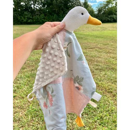 Girl Baby Duck Sensory Lovey Blanket | Minky Quilted Ribbon Tab Sensory Toy | Security Blanket | Floral Baby Girl Bedding | Baby Shower Gift