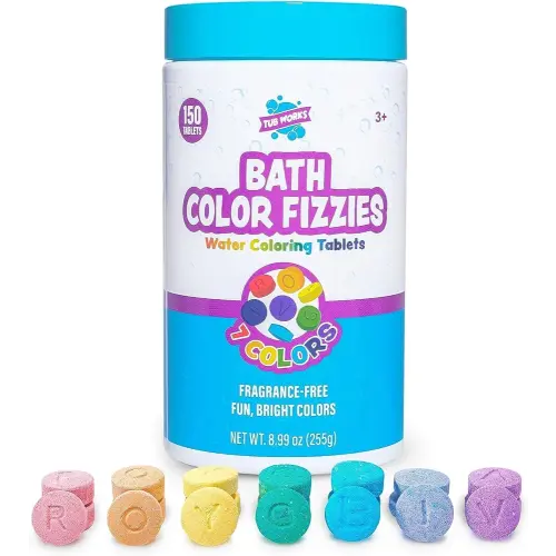 Tub Works® Bath Color Fizzies, 150 Count | Nontoxic & Fragrance-Free | Fizzy, Bath Color Tablets for Kids | Create Fun Bath Colors | Water Tablets in 7 Colors for Variety | Bath Bombs for Kids Bath