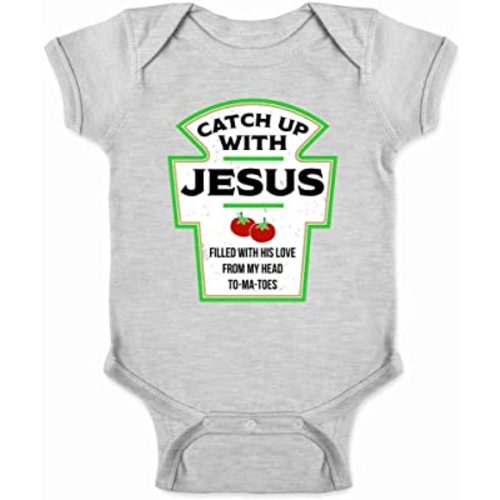 Pop Threads Catch Up with Jesus Funny Ketchup Faith Christian Infant Baby Boy Girl Bodysuit Gray 6M