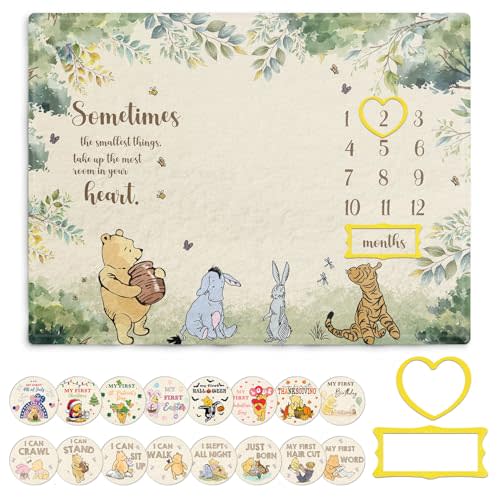 Guawubiang Winnie Milestone Blanket for Baby, Pooh Babies Monthly Blanket, Winnie Quotes Baby Milestone Blankets, Newborn Photography Background Decor, with 8 Holiday Cardstocks