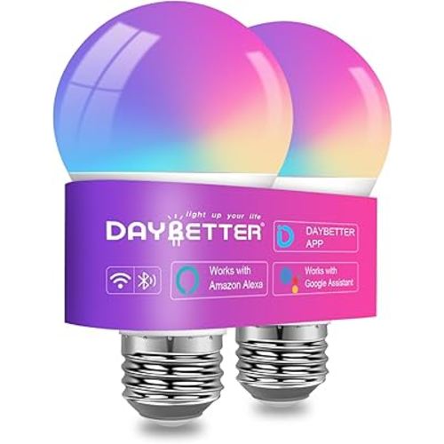 DAYBETTER Smart Light Bulbs, Smart Bulb Compatible with Alexa & Google Home, A19 E26 2.4G WiFi Bluetooth Alexa Light Bulbs, RGBCW Color Changing LED Light Bulb, 60W Equivalent, 800LM, 2Pack