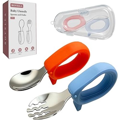 Toddler Utensils, Stainless Steel Baby Forks and Spoons Set with Silicone Handle, Kids Silverware with Portable Storage Case, Baby Feeding Essentials, Dishwasher Safe (Blue+Red)