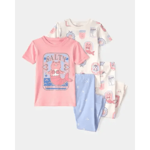 Toddler Girl Mermaid Cat 100% Cotton Snug Fit 4-Piece Pajama Set - Pink/Ivory | Carter's