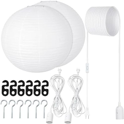 2 Sets Jumbo Paper Lanterns with Lamp Cord Cable White Hanging Paper Lanterns Chinese Japanese Pendant Hanging Lamp for Birthday Wedding Bridal Anniversary Party Decoration (Round, 18 Inch)