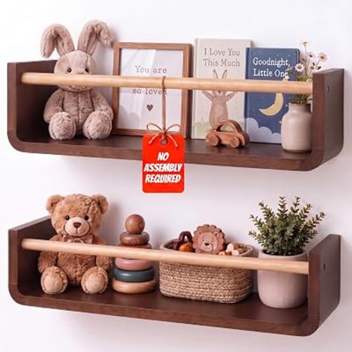Ovalo Nursery Book Shelves Set of 2 - Solid Pine Wood Nursery Bookshelf, Floating Nursery Shelves for Wall, Wall Bookshelf for Kids Room, No-Assembly Wall Mounted Baby Book Shelf. (Walnut Brown)