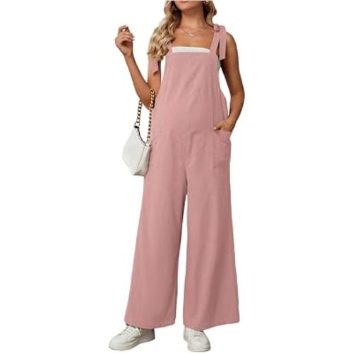 OYOANGLE Maternity Overalls Jumpsuit Knot Shoulder Strap Sleeveless Rompers