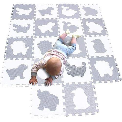MQIAOHAM® 18 Pieces Puzzle Play Mats, Soft Baby Play Mat, Kids Interlocking Foam Floor Tiles, Toddlers Carpet Playmats Animal G301018-P051BH