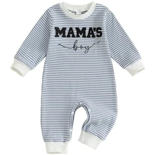 Newborn Baby Boy Fall Clothes Mamas Boy Letter Embroidery Long Sleeve Romper Waffle Stripe Winter Jumpsuit Oneise