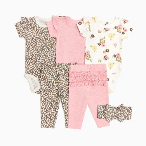 Small Story Organic Cotton Ruffle Bodysuit, Pant & Headband 6-Piece Set - Leopard, Floral & Pink, 0-3 M
