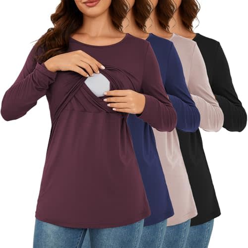 Liu & Qu Breastfeeding Shirts 4 Pack Long Sleeve Women Causal Nursing Tops Double Layer Pumping Shirt