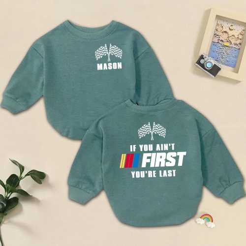 If You Ain't First You're Last Romper, Personalized Race Car Bodysuit, My First Racing Season Baby Outfit, Racing Flag Newborn Clothes