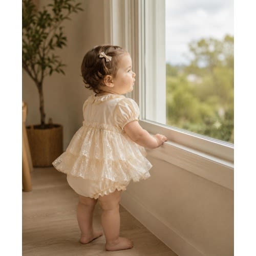 Cream Lace Baby Romper, Puff Sleeve Tiered Bubble Girls outfit