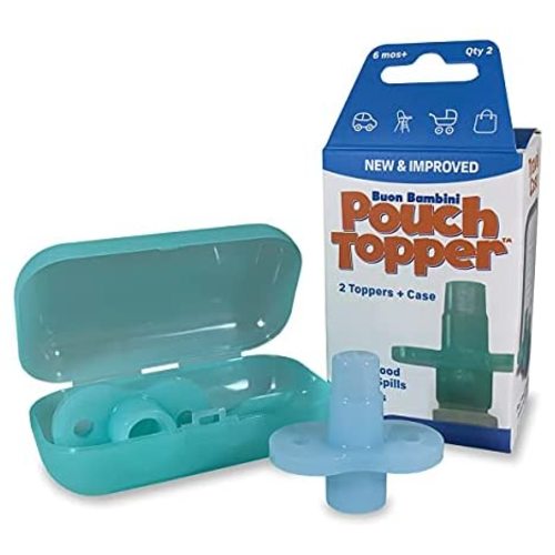 Buon Bambini Soft Sip Baby Food Pouch Toppers with Travel Case, 100% Silicone, Aqua/Blue, 2-Pack