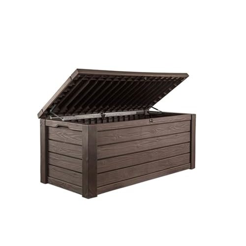 Keter Westwood 150 Gallon Deck Box Organizer, Doubles as 2-Person Bench Seat, Brown – Large Resin Outdoor Storage and Seating with Lockable Lid for Garden, Pool, and Patio