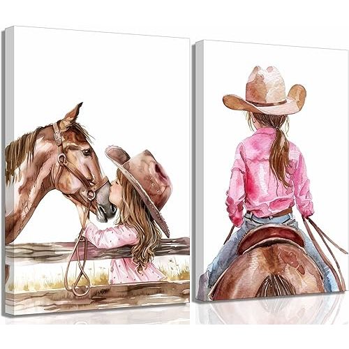 2Pcs Nursery Western Cowgirl Canvas Wall Art Cowgirl and Horse Friendship Nursery Aesthetic Pictures Wall Decor Stylish Southern Girl Poster Print Artwork For baby girl bedroom nursery room