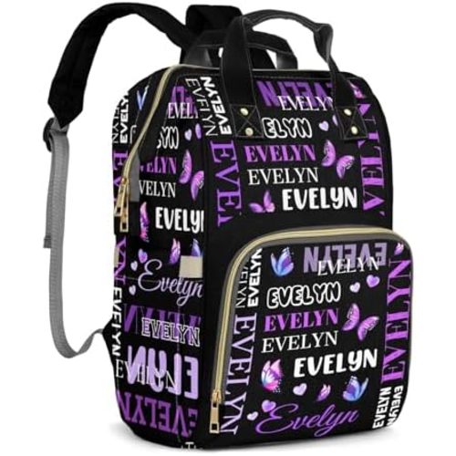 Customizable Large Capacity Diaper Bag Personalized Name, Waterproof Multi-Function Mommy Bag with Thermal Pockets for Girls and Boys,Purple Butterfly