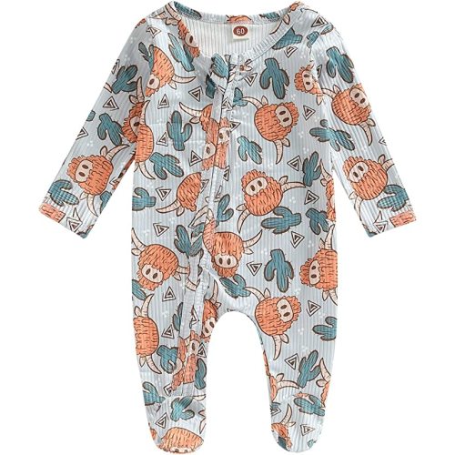 Amiblvowa Newborn Baby Boy Girl One Piece Footies Ribbed Zipper Romper Jumpsuit Long Sleeve Cow Print Outfit Western Clothes - Light Gray Bull - 0-3 Months