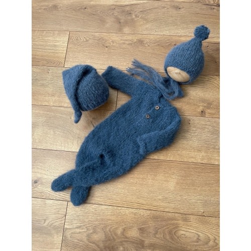 Knitted Baby Boy Romper & Pixie Bonnet Set: Newborn Photo Prop