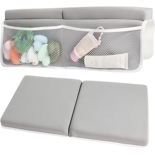 CHILDHOOD Bath Kneeler and Elbow Rest Pad Set - Painless Foam with Toy Organizer Pockets, Foldable, Quickly Dry Bathtub Kneeler and Elbow Rest Set for Baby Bathing Parents (Grey)