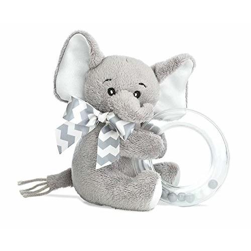 Bearington Baby Lil' Spout Plush Stuffed Animal Gray Elephant Shaker Toy Ring Rattle, 5.5 inches