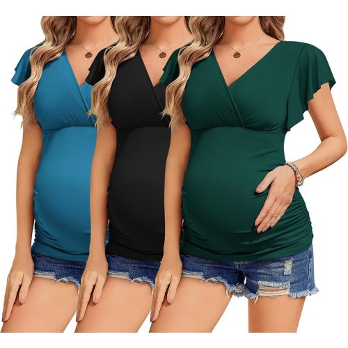 Ekouaer Women's Maternity Shirts 3 Packs Nursing Tops Flying Short Sleeve Breastfeeding Tees Side Ruched Pregnancy Clothes