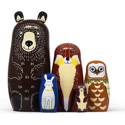 Tphon Russian Nesting Dolls Bear Wooden Matryoshka Dolls for Kids Handmade Cute Cartoon Animals Pattern Nesting Doll Toy Stacking Doll Set of 5