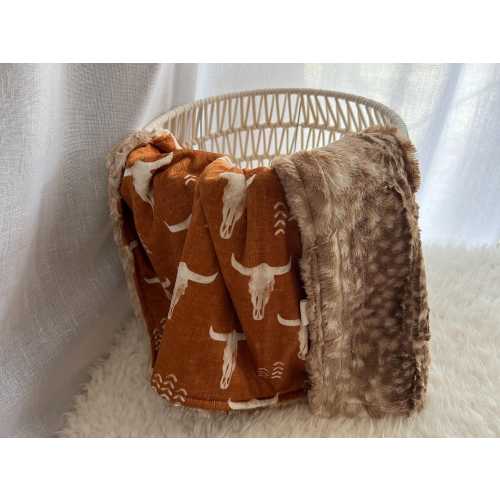 Minky Personalized Baby Shower Gift Embroidered Comfort Blanket Longhorn Skull Handmade Lovey Security Throw Blanket Couch Nursery Decor