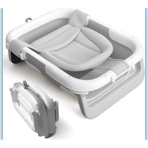Collapsible Baby Bathtub with Newborn Sling, Baby Bath Tub with Quick Drainage Design, Infant Bathtub for Newborns to Toddlers (0-24 Months) (Grey)
